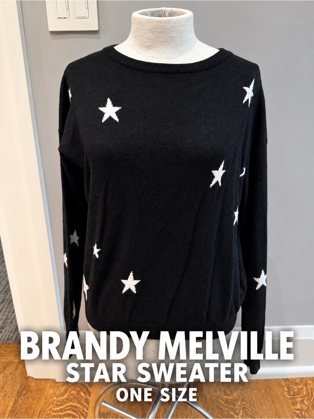 Brandy Melville Black White Star Wool Blend Sweater One Size